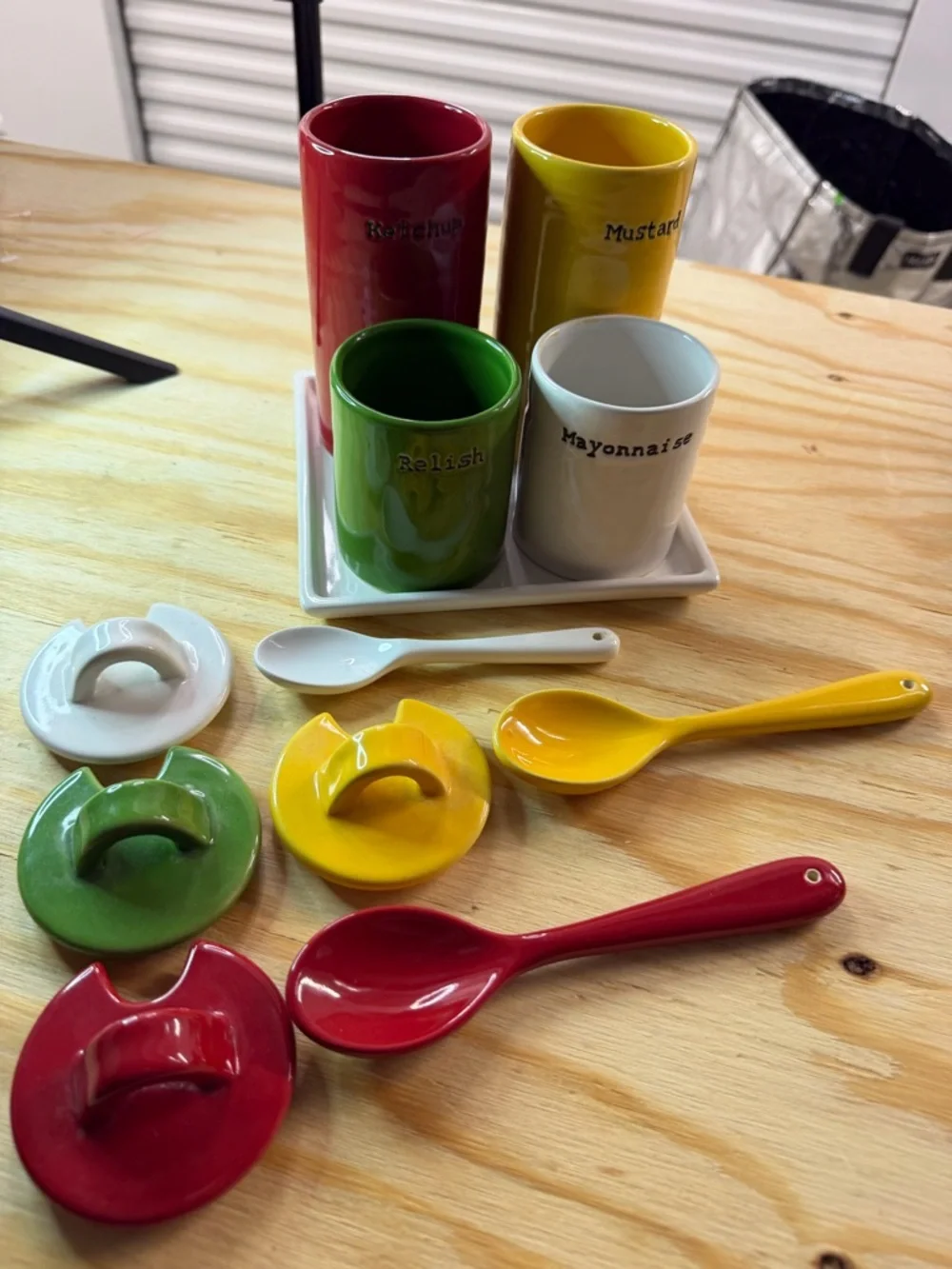 Pottery Barn Ceramic Condiment Set‎ in Red, Yellow, Green, and White
